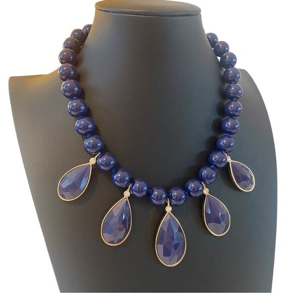 Kate Spade NY Dark Blue & Gold Toned Beaded Teardrop Statement Necklace. - Picture 2 of 5